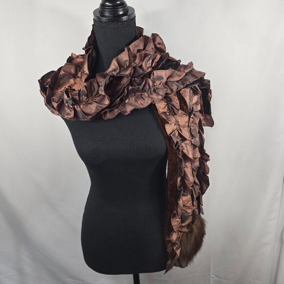 MITCHIE'S 100% Silk Ruffled Scarf Fur Ends Swanky Chic Eloquent CANADA (SS) - Picture 4 of 7